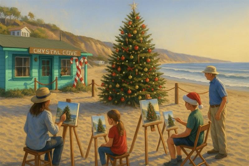Graphic of a family on the beach painting a Christmas tree