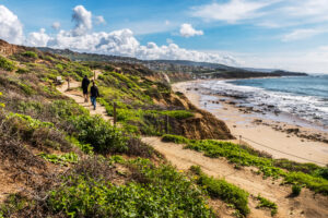 Group of people hiking on a costal bluff trail