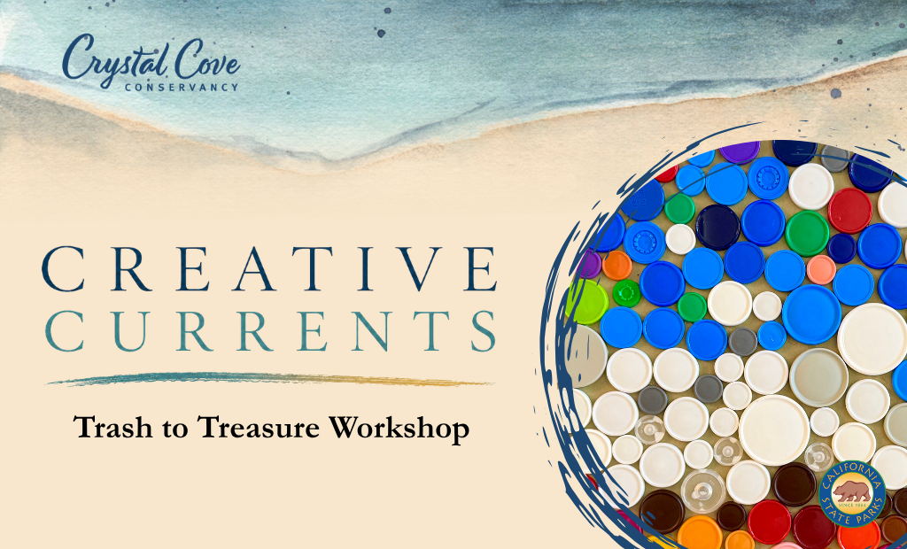 water colored waves and multi-colored plastic bottle cap art framed by paint lines