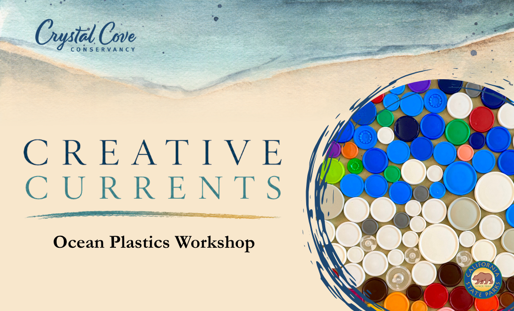 water colored waves and multi-colored plastic bottle cap art framed by paint lines