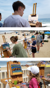 Collage of families of various ages painting on easels at the beach
