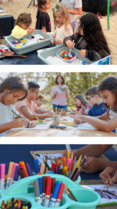 Multiple groups of kids participating in arts and crafts on outdoor tables