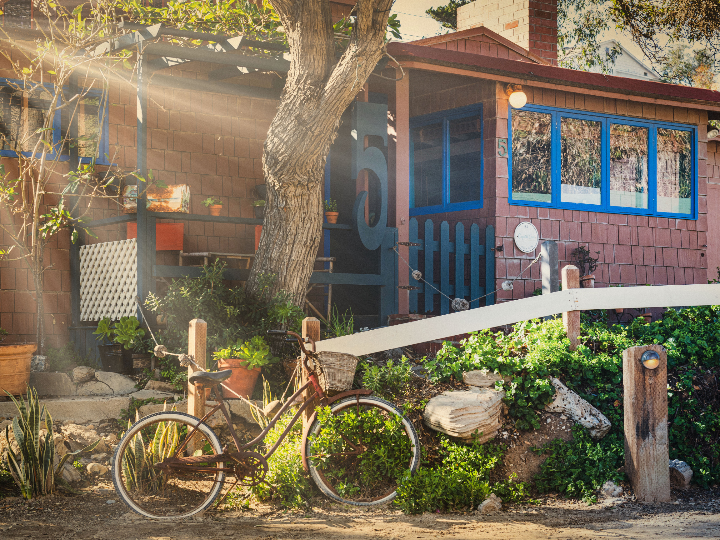 A brown brick cottage with a tree, bicycle, and a large number 5 in front of it