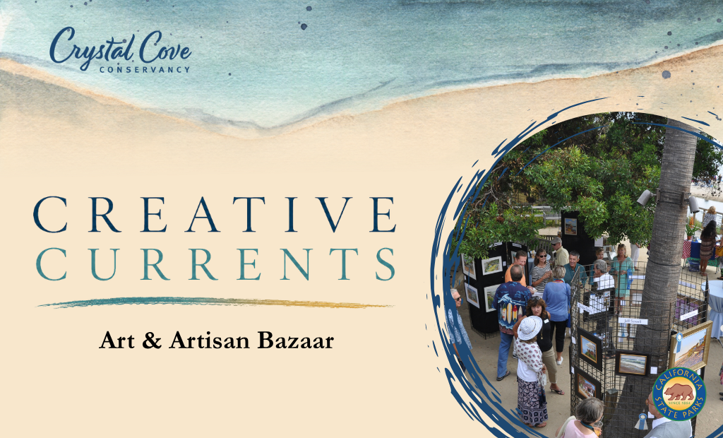 Watercolor waves and a crowd of people looking at artwork in an outdoor venue