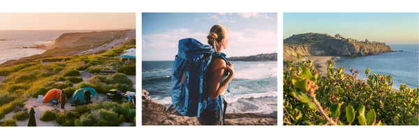 Collage of campgrounds on a winding coastal bluff and a woman wearing a backpack