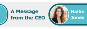 Headshot of CEO, Hallie Jones, smiling amidst modern blue shapes